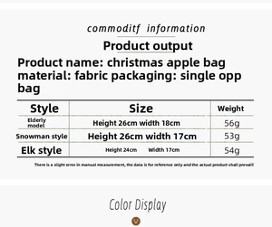 Size chart for Christmas fabric gift bags featuring Santa, Snowman, and Reindeer styles
