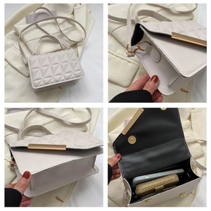 White quilted crossbody bag with gold hardware shown in multiple views for fashion styling