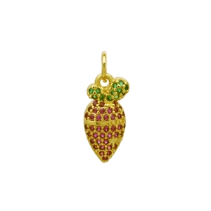 Detailed view of strawberry pendant with pink crystals and green leaves in gold finish