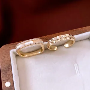 French Luxury 14K Gold Plated Copper Rings Women Mother Of Artificial Pearl Zircon Geometric Wave Square Adjustable Fashion