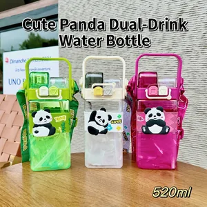 Kawaii panda dual-drink water bottles with shoulder straps in green, white and pink