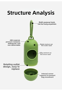 Structural view of green ABS dog waste bag dispenser with hook and rotating base
