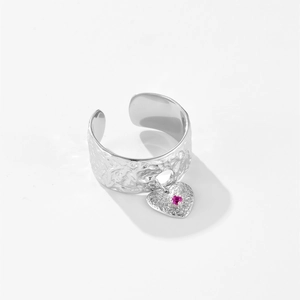 Textured S925 silver open ring with pink zircon heart pendant in minimalist design