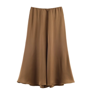 Jupe midi en satin marron minimaliste avec fini brillant et taille élastiquée