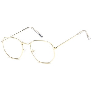 Detailed side view of thin golden metal octagonal geometric spectacle frames