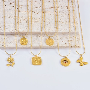 French Vintage Titanium Steel Sunflower Rose Pendant Necklace Gold Rhinestone Butterfly Coin Medallion Clavicle Chain Jewelry For Women
