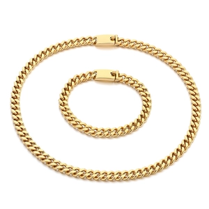 Classic gold titanium steel Cuban link jewelry set with necklace and matching bracelet