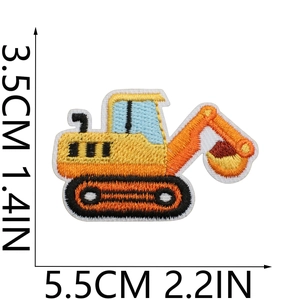Detailed embroidery patch of a yellow excavator with size dimensions 5.5cm by 3.5cm