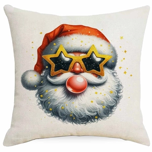 Detailed texture of linen pillowcase with Santa blowing bubble gum and gold stars