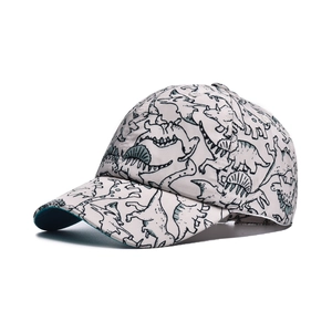 Close-up of quick-dry dinosaur print baseball cap for kids with adjustable strap