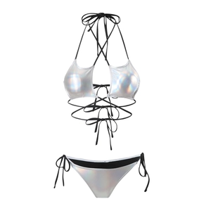 Flat lay of silver holographic laser bikini with wrap-around straps and tie-side bottom