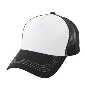 Close-up of breathable mesh back and stitch details on black and white trucker hat