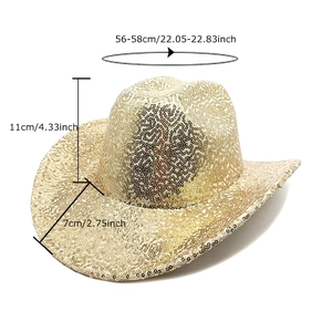 Sparkling gold sequin cowboy hat with 7cm brim, fits 56-58cm head circumference