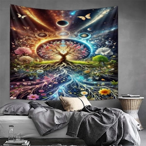 Psychadelic Tree of Life tapestry wall hanging with cosmic galaxy and butterfly patterns
