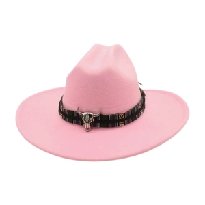 Pink western cowboy hat with ethnic woven band and silver metal bull skull charm