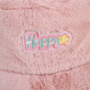 Bob en fausse fourrure rose avec broderie Happy pour femme, style automne-hiver