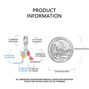 Detailed size measurement of cocktail and sunglasses charms with a 24mm reference coin