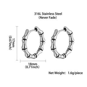 Bamboo style 316L stainless steel hoop earrings for men in silver finish, 17mm x 18mm size