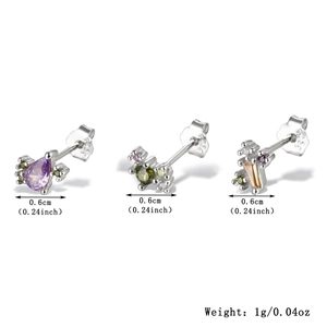 Detailed view of S925 silver earrings with purple, green and orange cubic zirconia