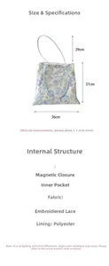 Detailed size specs for floral lace tote bag showing 37cm height and 36cm width