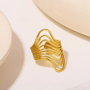 Minimalist 18k gold irregular wave ring with wide multi-layer hollow design