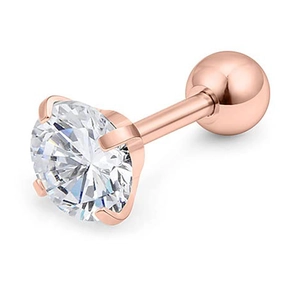 Detail of rose gold 4-prong stud earring featuring a brilliant white round cubic zirconia