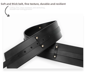 Close-up of black PU leather waist belt featuring gold studs and double-row routing process