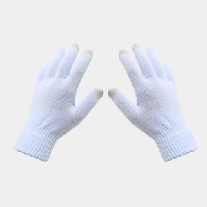 Close-up of light blue knitted touch screen gloves with grey conductive fingertips