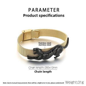 Detailed view of adjustable golden stainless steel mesh bracelet with leopard motif charm