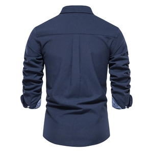 Back view of a slim-fit navy blue long-sleeve casual dress shirt for men