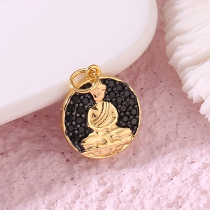 Golden Buddha relief pendant with black pavé texture and round frame for DIY jewelry