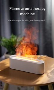 Detail of white 3D flame humidifier on wood table with realistic mist diffusion effect