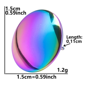 Iridescent stainless steel oval stud earring showing 1.5cm dimension and light 1.2g weight