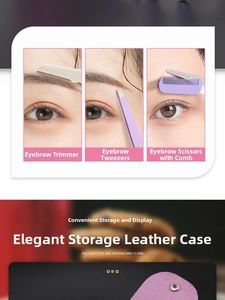 Purple eyebrow grooming set including razor, tweezers and scissors in a textured leather case
