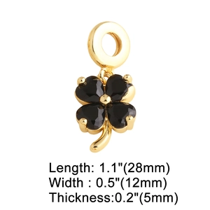 Gold four-leaf clover pendant with black heart gemstones and measurements 28x12mm