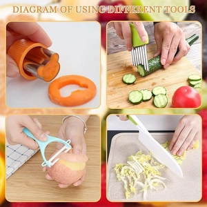Detailed views of kids safety kitchen set including wave cutter, peeler, and fruit molds