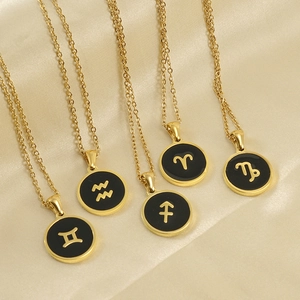 Collier Signe Astrologique Plaqué Or 18K Acier Inoxydable Pendentif Rond Émail Noir Bijoux Mode Pour Femmes