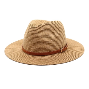 Classic khaki straw Panama hat with brown leather belt and gold buckle for sun protection