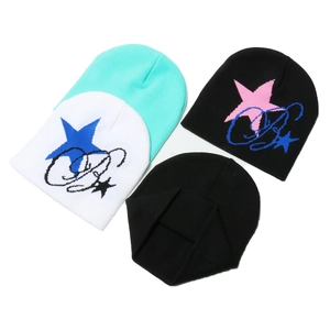 Four-pack of knit beanies featuring trendy star patterns and gothic script designs