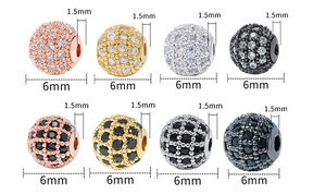 6mm copper micro-pave cubic zirconia ball beads in gold, silver, and rose gold finishes