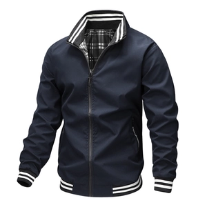 Men's Casual Sport Jacket Stand Collar Windproof Outerwear With Striped Ribbing Checkered Lining Spring Autumn Fashion Top
