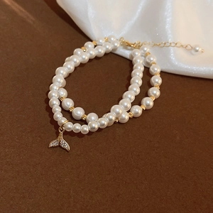 Vintage French Style Double Layer Imitation Artificial Pearl Bracelet With Zircon Fishtail Pendant Adjustable Copper Jewelry For Women