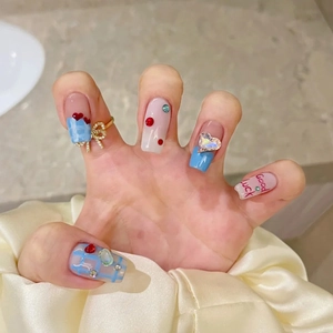 Handmade Blue Plaid Heart Press On Nails Set Sweet Bowknot Rhinestone Ballerina Fake Nails For Women Daily Dating Nail Art
