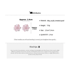 Detailed view of pink acrylic flower earrings with faux pearls and size dimensions