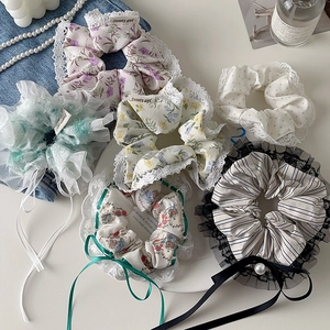 Assorted Korean style floral lace scrunchies with bows and pearls for women