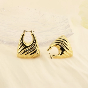 Minimalist 18k gold plated stainless steel trapezoid hoop earrings with textured finish