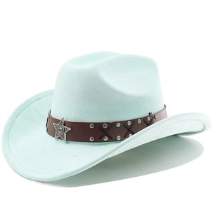 Detail of western cowboy hat featuring leather band with studs and silver star emblem