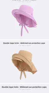 Detail of wide brim sun hat with neck flap and adjustable bow strap in two colors