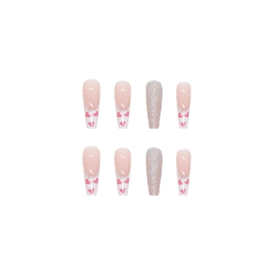 Pink heart french coffin press on nails with silver glitter accents and white tips