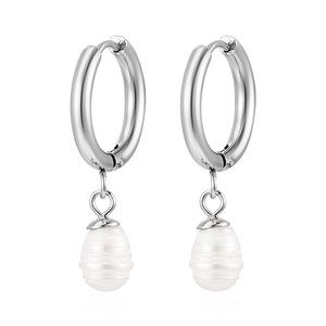 Elegant silver stainless steel hoop earrings featuring white freshwater pearl pendants